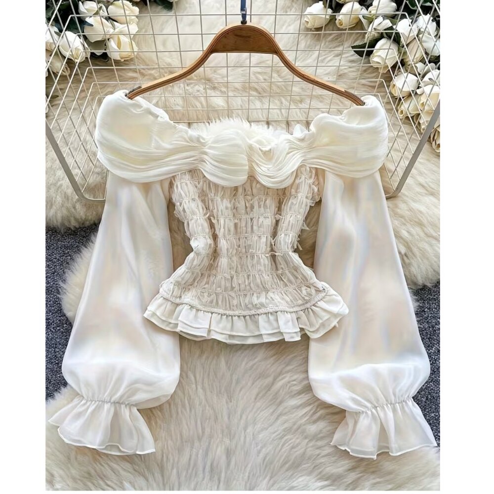 Ivory Off-Shoulder Smocked Blouse with Ruffled Trim - Picture 3 of 4